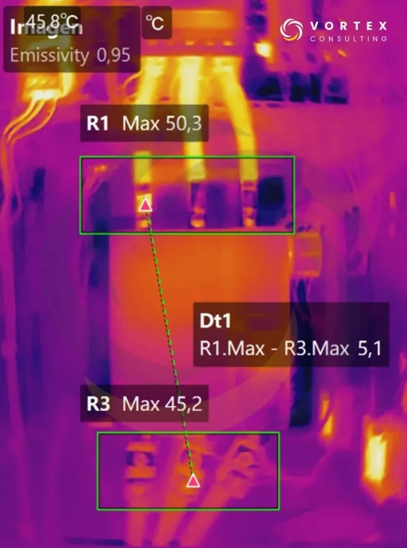Figura 4. Comparación de la diferencia de temperatura (ΔT) entre componentes equivalentes durante una inspección termográfica.