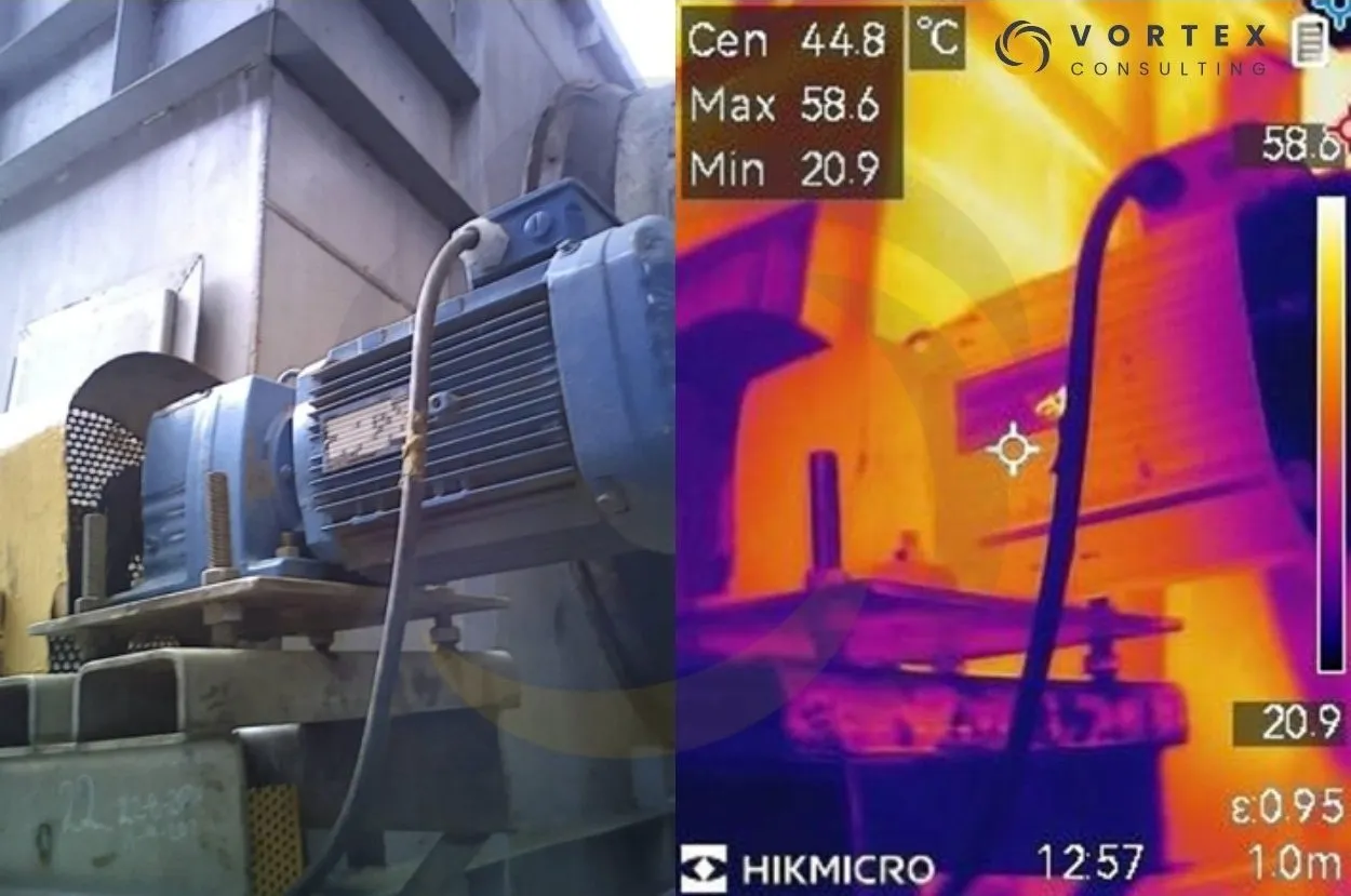 Figura 2. Comparación entre una imagen visible y una imagen termográfica de un motor eléctrico durante una inspección infrarroja.