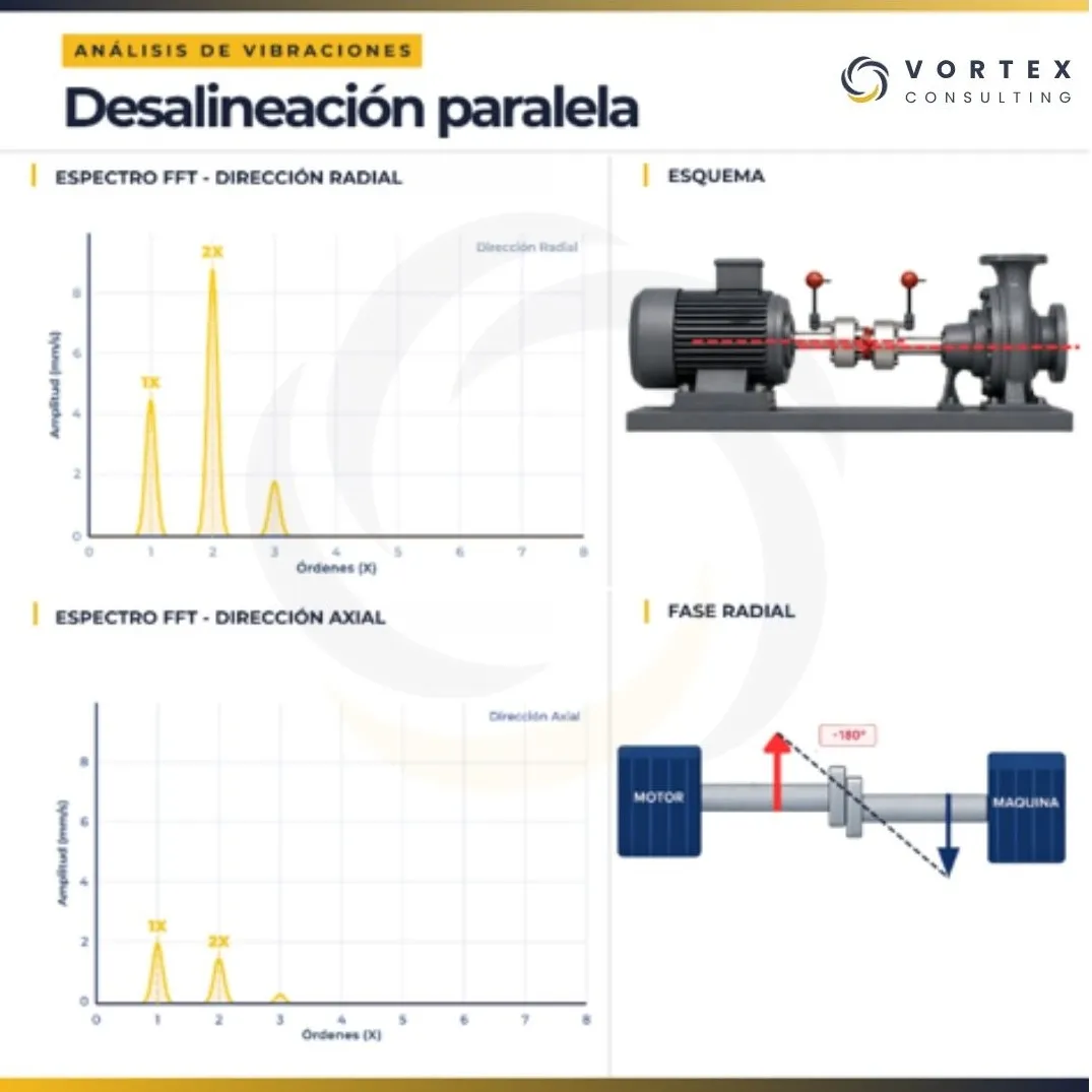 Comparación del análisis de vibraciones de la desalineación de ejes paralela y angular mediante espectros FFT y fase