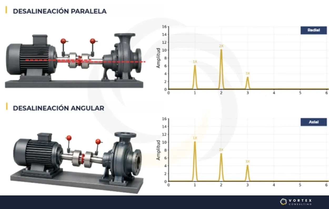 Espectros de vibración de desalineación paralela y angular con componentes en 1X, 2X y 3X RPM