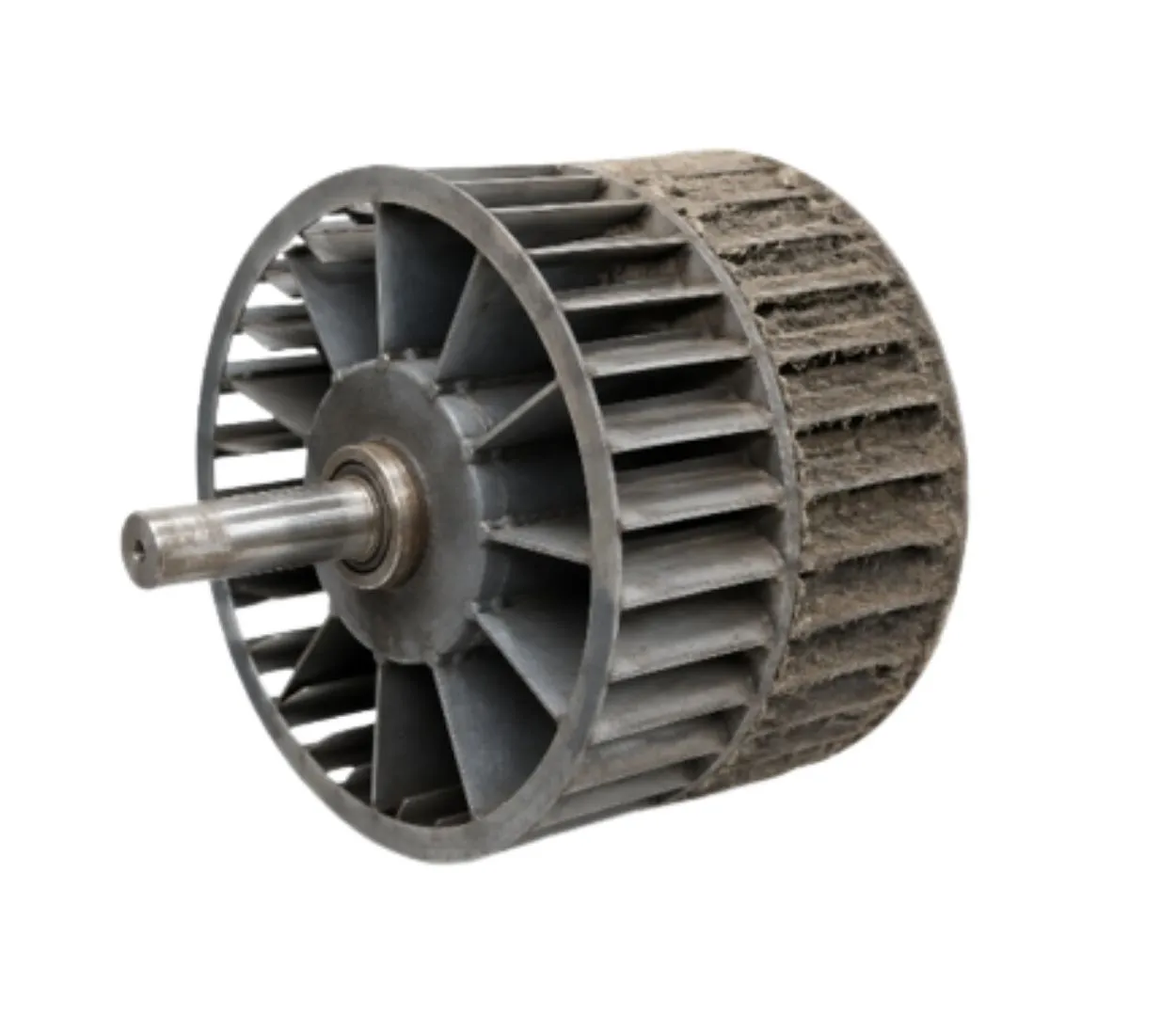 Acumulación irregular de material en el impulsor de un ventilador como causa de desbalance mecánico