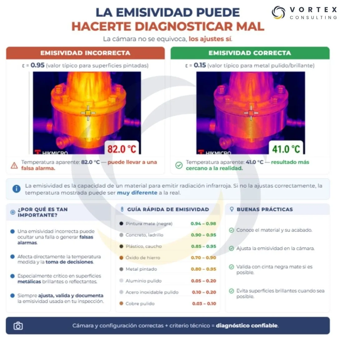 Influencia de la emisividad en la medición de temperatura mediante termografía infrarroja. Una configuración incorrecta puede producir diferencias significativas entre la temperatura aparente y la temperatura real.
