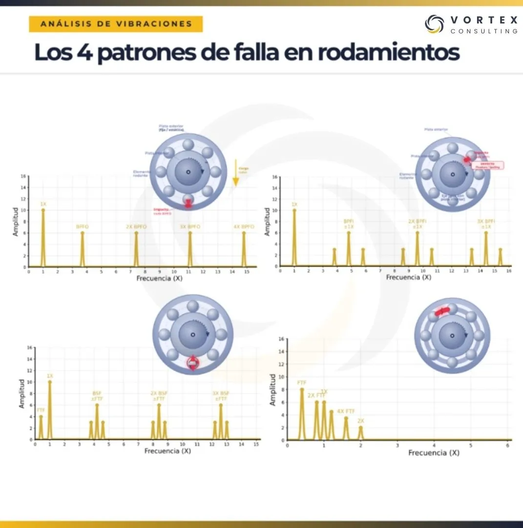 Comparación de los cuatro patrones de falla en rodamientos: BPFO, BPFI, BSF y FTF con sus espectros de vibración