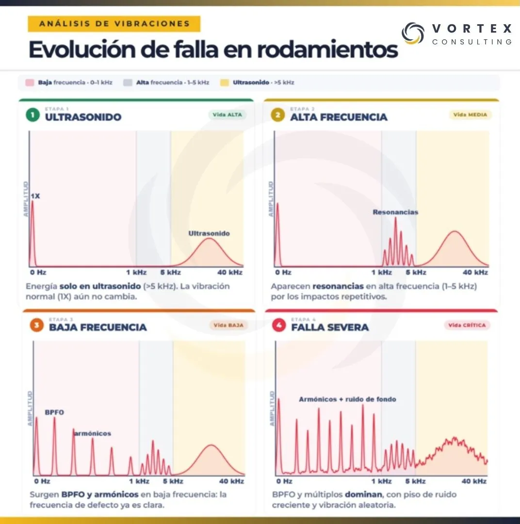 Evolución de una falla en rodamientos desde la detección por ultrasonido hasta la falla severa mediante el análisis del espectro de vibración