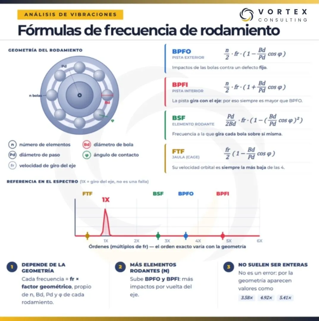 Frecuencias características de falla en rodamientos (BPFO, BPFI, BSF y FTF) y su ubicación en el espectro de vibración