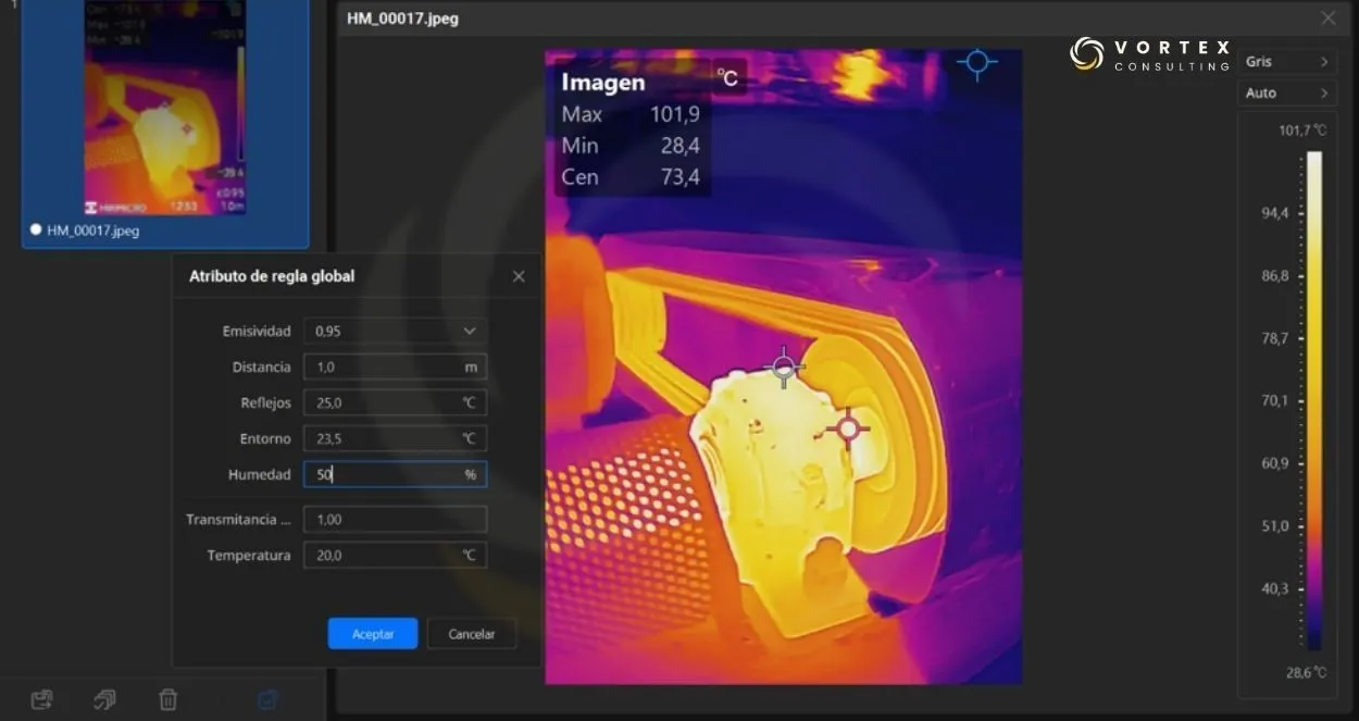 Figura 5. Imagen termográfica analizada mediante software especializado con los parámetros de medición utilizados para interpretar la distribución de temperaturas.