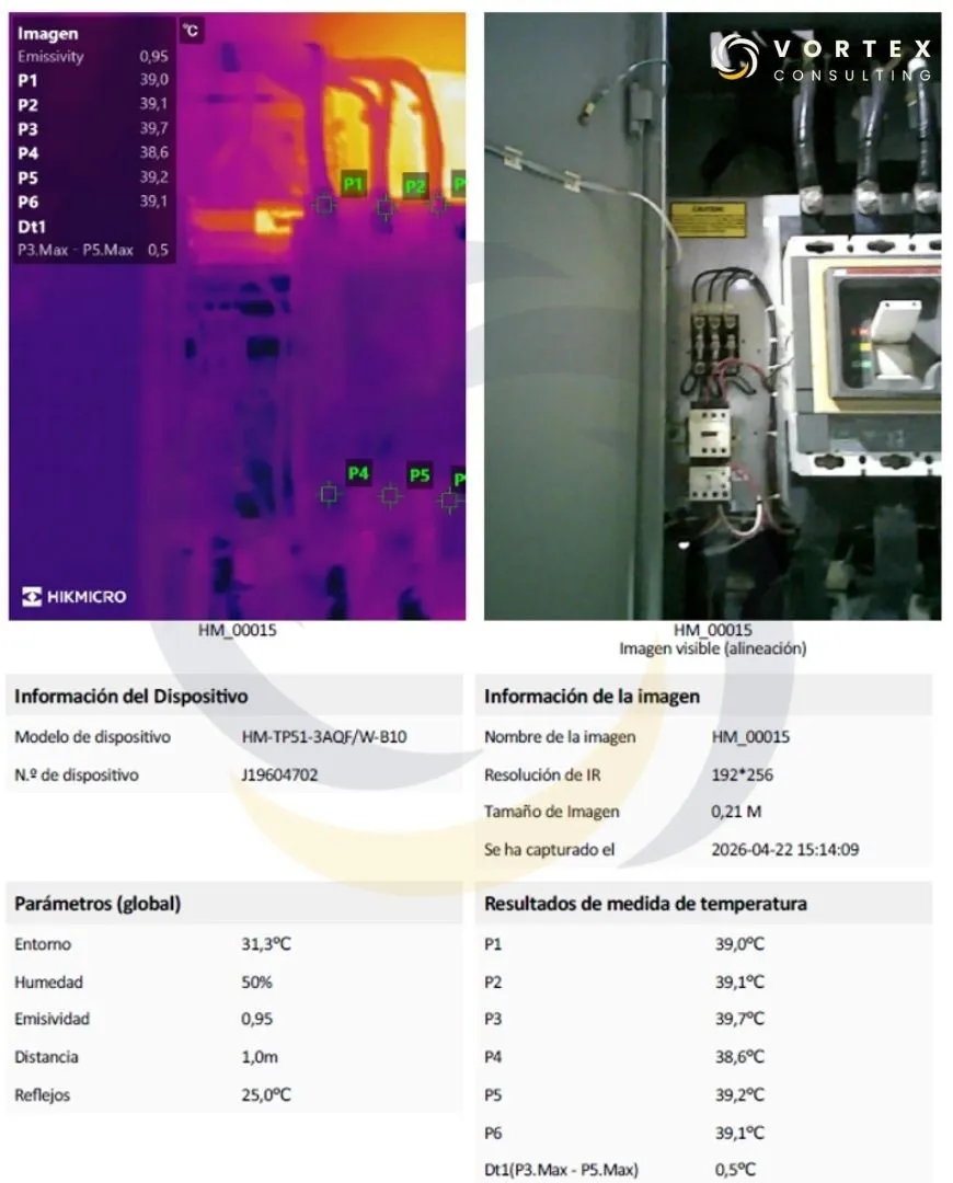 Ejemplo de un reporte de inspección termográfica que documenta la imagen infrarroja, la fotografía visible, los parámetros de medición y los resultados obtenidos.