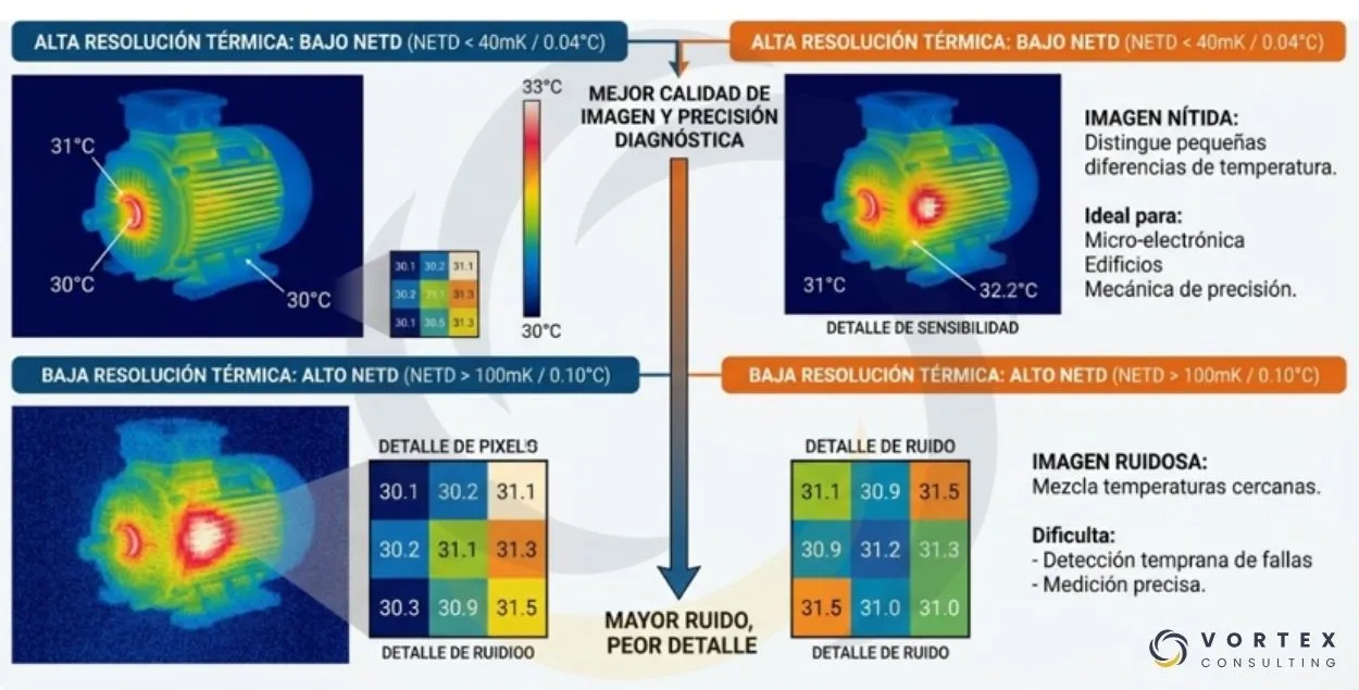Comparación del efecto de la resolución del detector y la sensibilidad térmica (NETD) sobre el nivel de detalle y la calidad de una imagen termográfica.